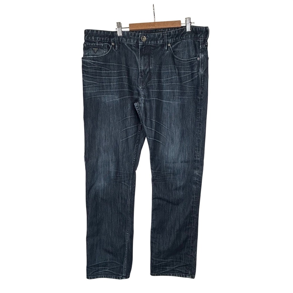 Guess Slim Straight Jeans Mens 36x30 Dark Wash Indigo Whiskered Denim Streetwear